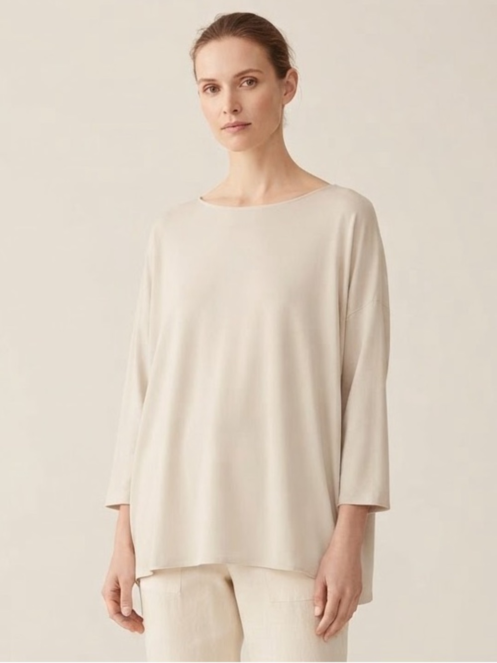 Eileen Fisher 100% Silk Light Cream Boatneck Tunic